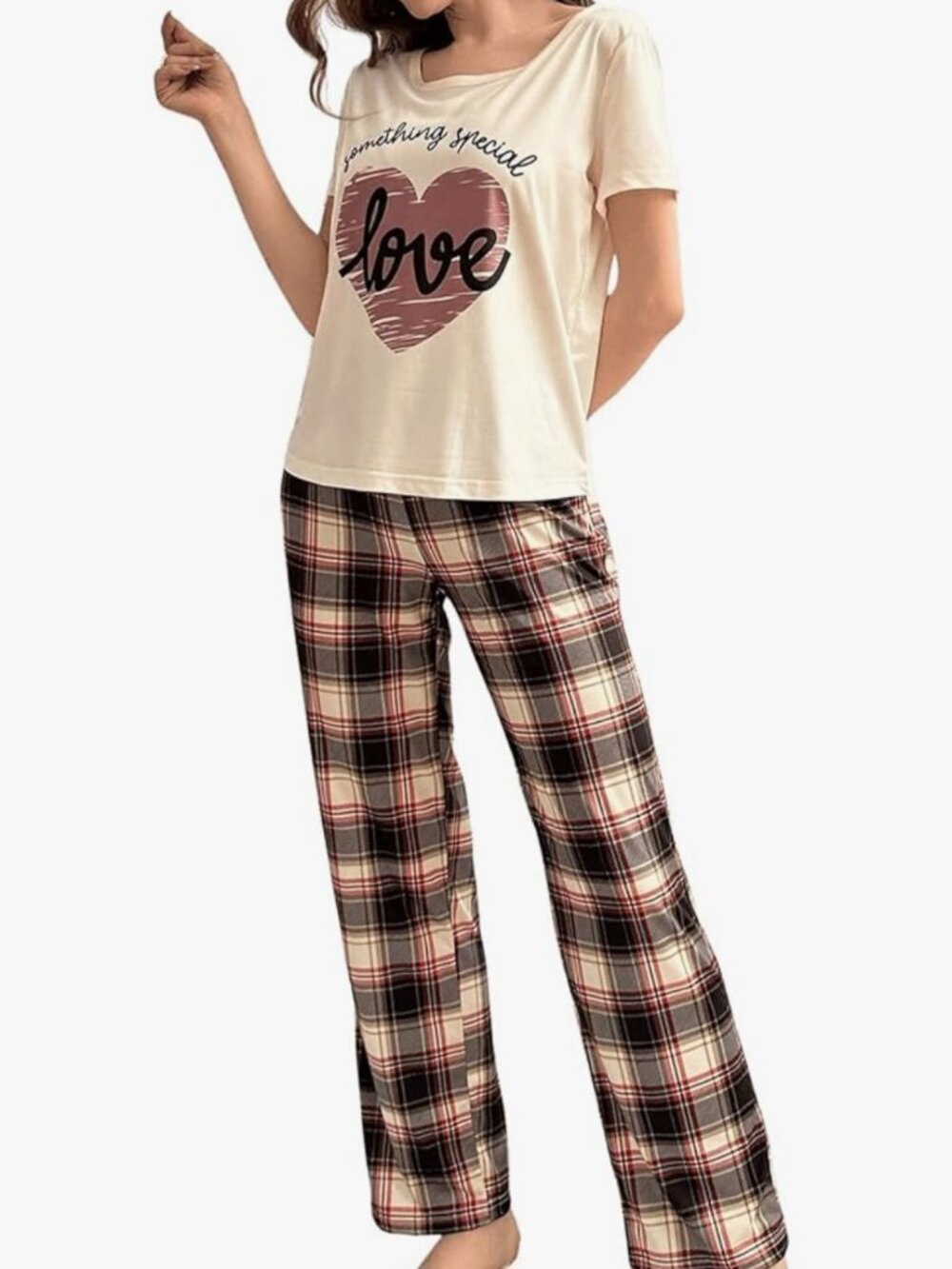 Women's Sleepwear Letter Print Round Neck Short Sleeve Tee and Plaid Pants Two